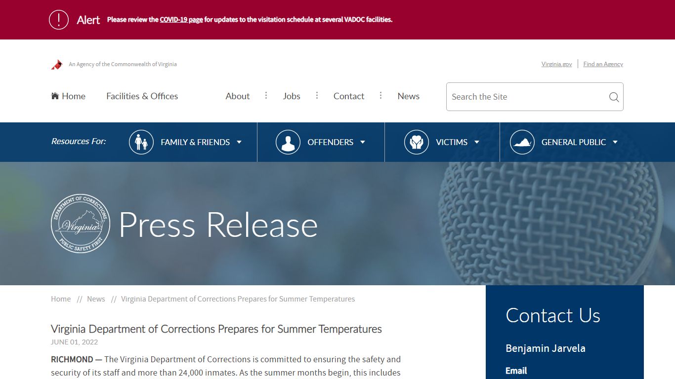 Virginia Department of Corrections Prepares for Summer Temperatures